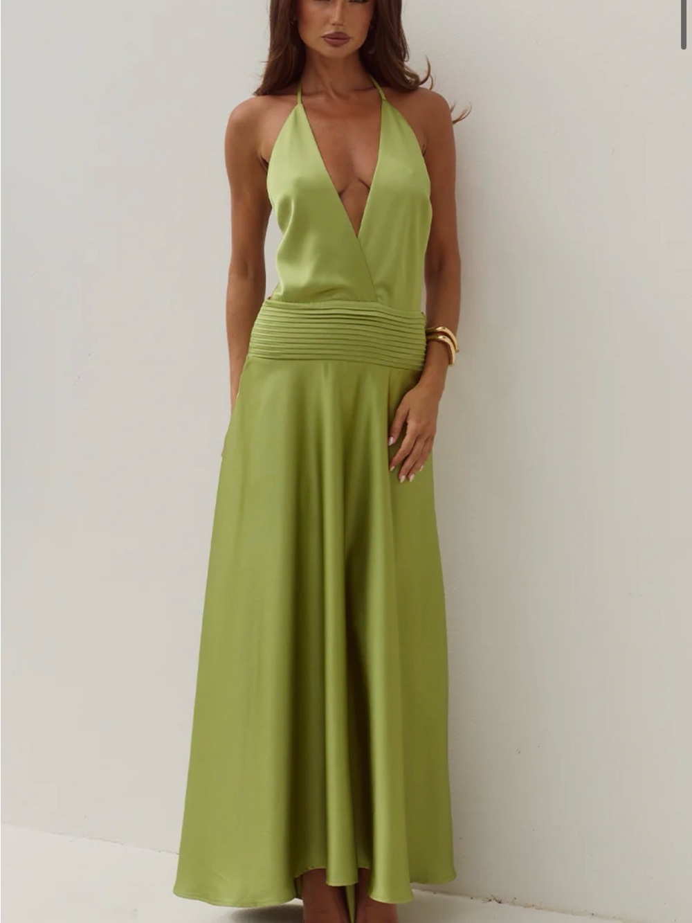 Runaway the Label - AMADINE DEEP V PLUNGE MAXI DRESS - OLIVE